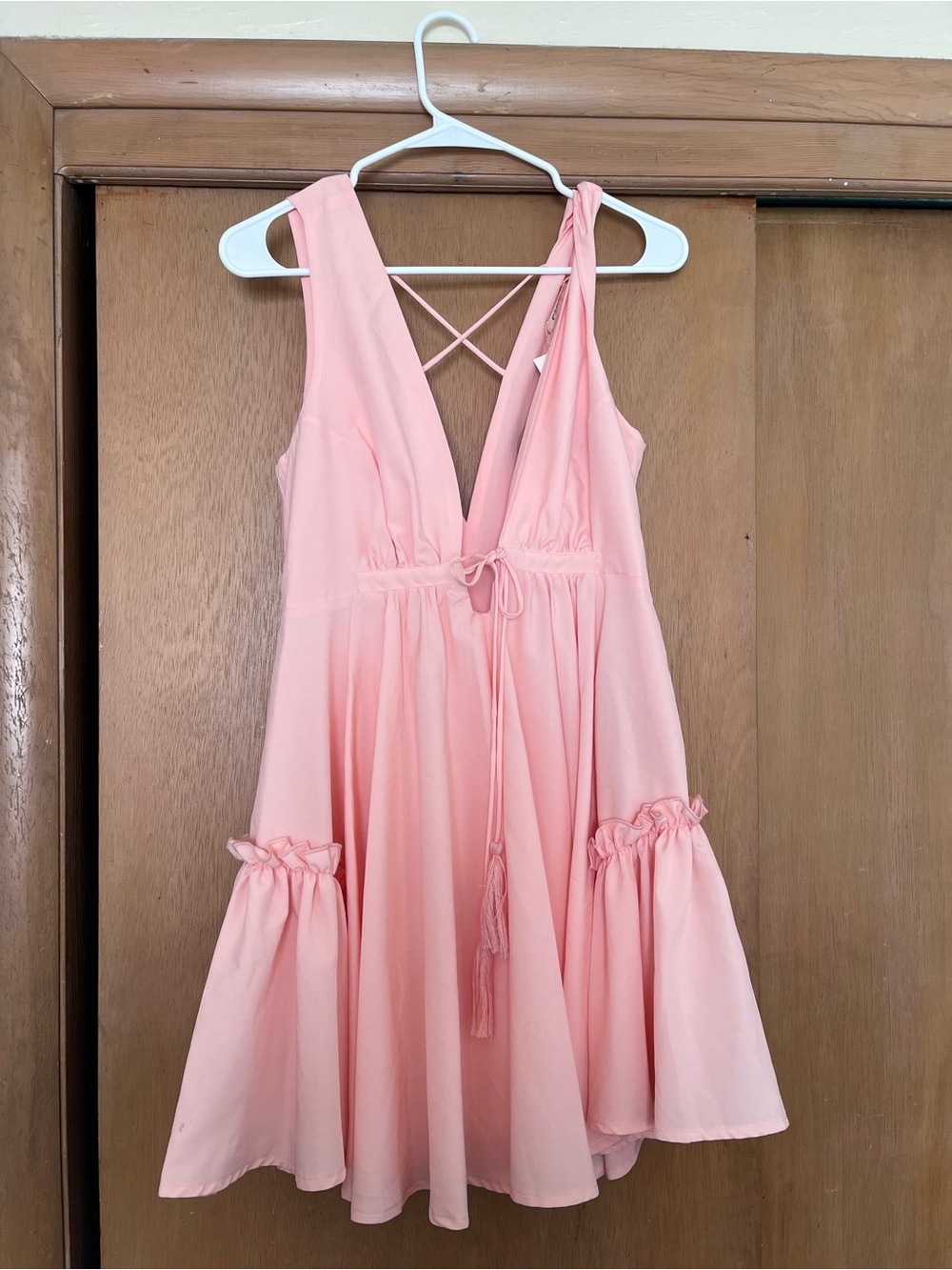 Essue Light Pink Deep V Ruffle Mini Dress